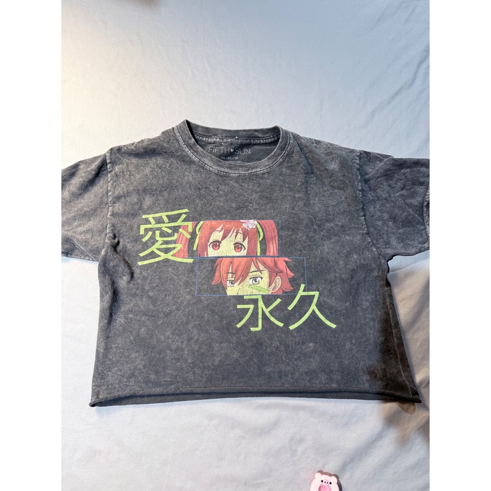 Fifth Sun Anime Graphic Crop Top Charcoal Mineral Wash XS Short Sleeve Kanji Tee